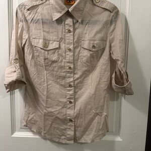 TORY BURCH Beige Button-Up Shirt with Gold Accents